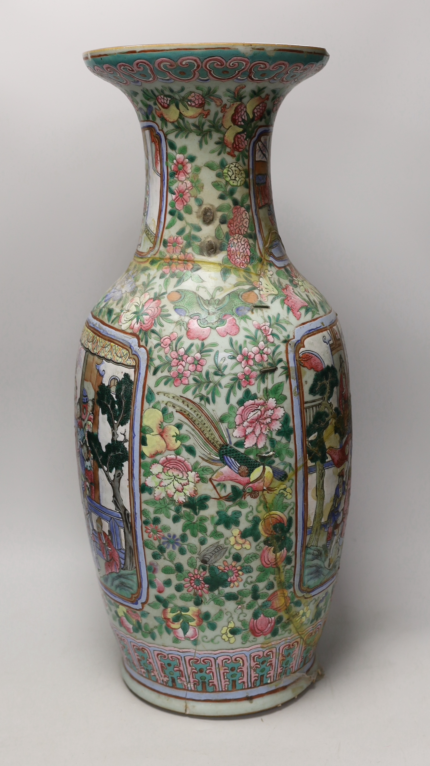 A large 19th century Chinese Export famille rose baluster vase, 60cm (extensive damage)